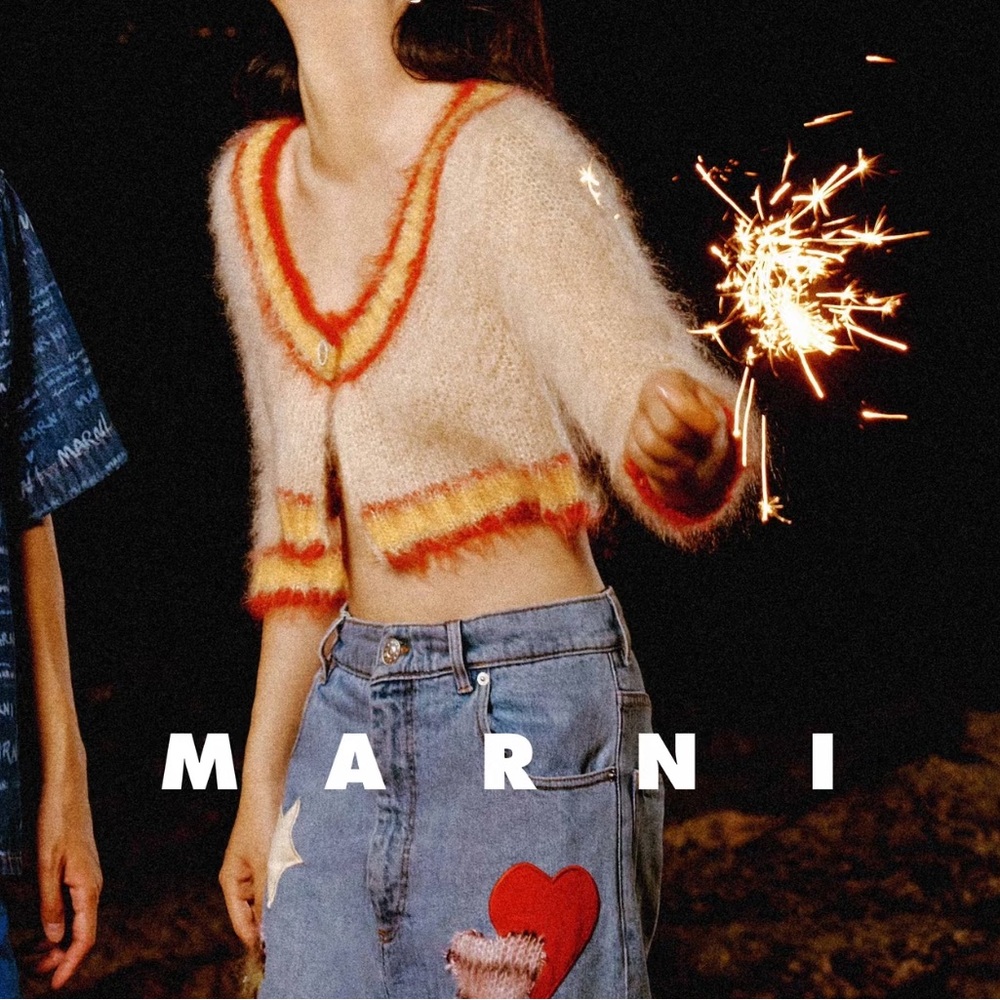 Marni Cropped Mohair Cardigan with Yellow & Red Trim